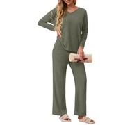 GRECERELLE - Set pigiama da donna elegante, a due pezzi, in lana pettinata, per la casa, outfit autunnale, con maniche lunghe larghe e pantaloni a gamba larga (Beige, S)