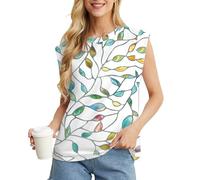 GRECERELLE T-shirt da donna in cotone con maniche ad aletta, vestibilità ampia, top basic da donna per casual comfort morbido girocollo estivo, Foglia arcobaleno floreale, XL