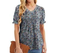GRECERELLE Top estivo da donna con scollo a V, elegante maglietta plissettata sul davanti per le donne UK con volant a maniche corte camicette tunica