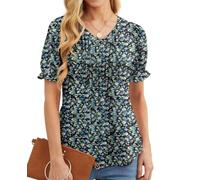 GRECERELLE Top estivo da donna con scollo a V, elegante maglietta plissettata sul davanti per le donne UK con volant a maniche corte camicette tunica, Rosa bianca e nera., L