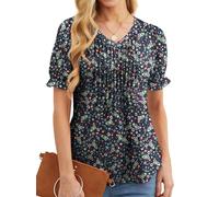 GRECERELLE Top estivo da donna con scollo a V, elegante maglietta plissettata sul davanti per le donne UK con volant a maniche corte camicette tunica, Blu + fiore bianco, L