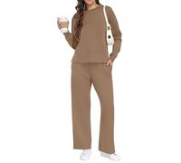 GRECERELLE - Tuta da donna in due pezzi, tuta da jogging, tuta da allenamento, outfit autunnali, tuta da jogging a maniche lunghe, top casual a girocollo e pantaloni da allenamento con tasche, Kaki