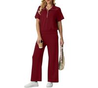 GRECERELLE Tuta da jogging da donna, estiva, casual, due pezzi, a maniche corte, scollo a V, mezza cerniera, con tasche, rosso vivo, XL