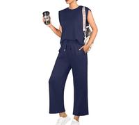 GRECERELLE Tuta estiva da donna, in due pezzi, elegante, leggera, casual, sportiva, da jogging, per corsa, yoga, palestra, blu marino, L