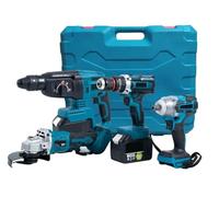 GrecoShop Kit Utensili a Batteria 4 in 1: Trapano Avvitatore a Percussione, Smerigliatrice Flex Angolare, Martello Tassellatore SDS-PLUS, Avvitatore Svita Bulloni Svitabulloni Impulsi + 2 Batterie