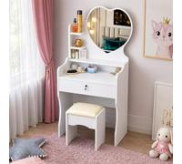 GrecoShop Scrivania Bambini Toeletta Vanity Table Tavolo Trucco Specchio e Sgabello, Mobile Make-Up+Cassetto e Ripiani, Postazione Trucco per Ragazze e Bambine, Arredo Bianco per Camera da Letto