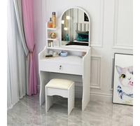 GrecoShop Scrivania Bambini Toeletta Vanity Table Tavolo Trucco Specchio e Sgabello, Mobile Make-Up+Cassetto e Ripiani, Postazione Trucco per Ragazze e Bambine, Arredo Bianco per Camera da Letto