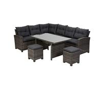 greemotion Set mobili giardino lounge modello “Tessin” composto da 2 divani con tavolo con piano in vetro e 2 sgabelli, set mobili giardino da 5 pezzi, grigio