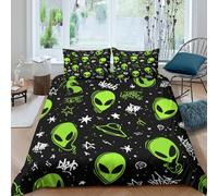 Green alien headsSet Di Copripiumino microfibra 3 Pezzi stampa 3D con cerniera Graffiti street art copripiumino con federa traspirante ultra morbido e traspirante for bambini Double（200x200cm）