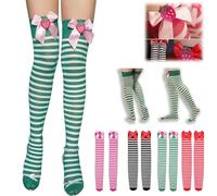 Green And White Striped Stockings,Strawberry Bowknot Thigh High Long Socks,Fashion Girls Stripes Over Knee Christmas Sock
