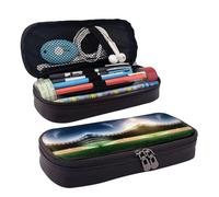 Green Baseball Field Sfondo Premium Leather Flip Pencil Case - Elegante astuccio in pelle marrone con chiusura a cerniera, multiuso per scuola, ufficio, viaggi e cosmetici, Nero , Taglia unica