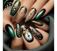 Green Black Square Long Coffin Press On Nails Coperture Full Coperture Fuci Artificiali Con Modelli Orologio Vintage Design Da 24 Unghie Artificiale Per Donne