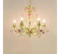 Green Crystal Farmhouse Pink Rose Flower Foyer 6 Lights Candle French Country Chandelier Large Pendant Light for Girls Bedroom Dining Room Kitchen Island