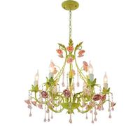 Green Crystal Farmhouse Pink Rose Flower Foyer 6 Lights Candle French Country Chandelier Large Pendant Light for Girls Bedroom Dining Room Kitchen Island