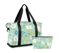 Green Fresh Summer Flower Borsa da viaggio per oggetti personali con tasca bagnata Cinghia regolabile Palestra Sport Carry per Trekking Set da 2 pezzi per uomo donna