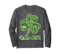 Green Gamer Shamrock Videogiochi Patricks Day Gioco di Gioco Maglia a Manica