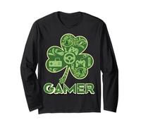 Green Gamer Shamrock Videogiochi Patricks Day Gioco di Gioco Maglia a Manica