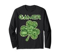 Green Gamer Shamrock Videogiochi Patricks Day Gioco di Gioco Maglia a Manica