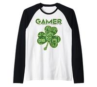 Green Gamer Shamrock Videogiochi Patricks Day Gioco di Gioco Maglia con Maniche Raglan