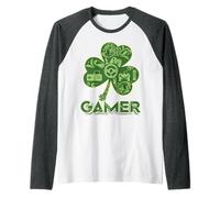 Green Gamer Shamrock Videogiochi Patricks Day Gioco di Gioco Maglia con Maniche Raglan