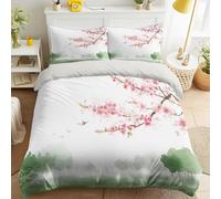 Green Hills, set copripiumino con fiori di ciliegio, per camera da letto per ragazze, colore bianco, per letto singolo 135 x 200 cm, elegante, set di biancheria da letto con federe, morbida microfibra