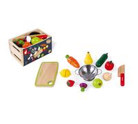 Janod - Maxi Set Frutta e Verdura da Tagliare Green Market - Cassetta Del Mercato con 9 Frutti e Verdure in Velcro - Tagliere e Coltello in Legno - Colino in Metallo - Da 3 a 8 Anni, J06607