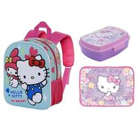 GREEN TRADE Set Asilo Scuola 3 Pezzi Hello Kitty - Zainetto 3D con Spallacci Imbottiti, Tovaglietta Impermeabile Ripiegabile 40x30 cm, Portapranzo Senza BPA Riutilizzabile e Lavabile