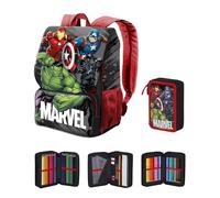 GREEN TRADE Set Scuola Avengers con Zaino Espandibile e Astuccio 3 zip da 44 pezzi Completo di colori, matite e accessori per la Scuola Elementare