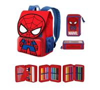 GREEN TRADE Set Scuola Spidey con Zaino Espandibile e Astuccio 3 zip da 44 pezzi Completo di colori, matite e accessori per la Scuola Elementare