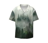 Green Tree Misty Landscape Print Camicie da uomo a maniche corte camicie casual button down camicia da uomo spiaggia estate camicia da sposa, Nero , L