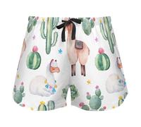 Green Watercolor Cactus And Cute Llama Women's Lounge Shorts Pajama Bottoms Yoga Sports Elastic Waist Drawstring,XL