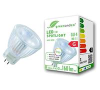 greenandco MR11 GU4 | sostituisce 30W | bianco caldo 3000K | IRC 90+ | 3W 160 lm | 38° | senza sfarfallio | 12V AC/DC | non dimmerabile