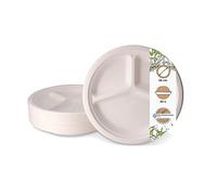 GREENBOX 50 piatti in canna da zucchero con suddivisione, contenitore da portata con scomparti, vaschette da menù per bagassa, 3 pezzi, piatti compostabili, ciotola con suddivisione bianca, Ø 26 cm,