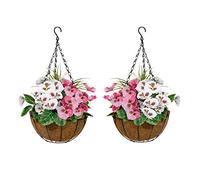 GreenBrokers A1158 - Set di 2 cestini da Appendere in Fibra di Cocco Artificiale, con Viole del Pensiero Rosa e Bianche ed Erbe Decorative