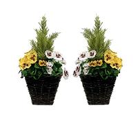 GreenBrokers - Fioriera Artificiale da Giardino con verande e conifere, Set da 2, Colore: Giallo e Bianco