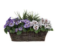 GreenBrokers Fioriera Artificiale in Rattan con Viole del Pensiero Viola e Bianche ed Erbe, 50 cm
