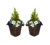 GreenBrokers Fioriere Artificiali in rattan con petunie Viola Scuro e Arte topiaria di cedro (Set da 2)