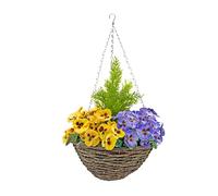 GreenBrokers Grande Cesto sospeso in Finta Seta Viola e Gialle Viole del Pensiero e conifere in Rattan, Ideale per casa, Lavoro, Vita all'aperto, 67 cm