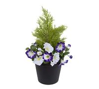 GreenBrokers Petunie Artificiali Viola e Bianche in Finta Seta con Arte topiaria di conifere in Vaso Nero, Ideale per casa, Patio, Giardino, Vita all'aperto, 60 cm