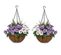 GreenBrokers - Set di 2 cesti da Appendere, in Fibra di Cocco Artificiale, Colore: Viola e Bianco, per Viole del Pensiero e Erba Decorativa