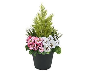 GreenBrokers Viole del pensiero artificiali rosa e bianche in finta seta con erba/conifera topiaria in un vaso nero, fioriera da patio, ideale per casa, patio, giardino, vita all'aperto, 60 cm