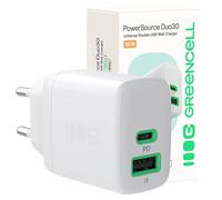 Greencell PowerSource Duo30 Bianco 30W Power Delivery Caricatore QC3.0 iPhone 17/Pro/Pro Max/iPhone Air/16/15, MacBook, Pixel 9, iPad, Samsung Galaxy S25 Ultra/S24 Series