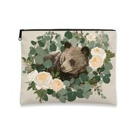 Greenery Botanical - Trousse da viaggio con orso, motivo floreale, da donna, elegante piccola custodia in tela con cerniera, organizer per articoli da toeletta, Beige, 7x9 Inch, Orso