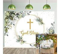 Greenery - Sfondo decorativo per prima comunione e battesimo, con scritta in lingua inglese "God Bless", 210 x 150 cm, verde e oro, con foglie verdi di eucalipto