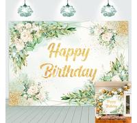 Greenery - Sfondo fotografico di compleanno verde e oro con foglie verdi e eucalipto, per ragazze e donne, compleanno, baby shower, feste, striscione decorativo (210 x 150 cm)