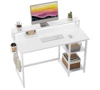 GreenForest Scrivania per computer con supporto per monitor completo, 120 cm, scrivania per casa e ufficio con ripiani reversibili, piccola scrivania da studio con gancio per cuffie e portabicchieri