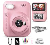 GREENKINDER Fotocamera per bambini, stampa istantanea, grande schermo da 3,0", fotocamera istantanea per bambini, digitale 1080P con scheda da 32 GB e 3 rotoli di carta da stampa, selfie giocattolo