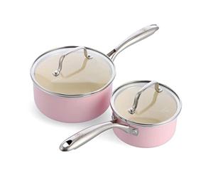 GreenLife Artizan Set di Pentole in Ceramica Antiaderente Sana da 14cm/1L e 18cm/2L, Senza PFAS, Manico in Acciaio Inox, Adatta all'Induzione, Lavabile in Lavastoviglie, Sicuro al Forno, Rosa