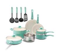 GreenLife Soft Grip Batteria di Pentole 15 Pezzi, Rivestimento Antiaderente Senza PFAS,Padella 20/26cm,Casseruola 22cm con Coperchi, Pentola 16/18cm, Induzione,Lavabile in lavastoviglie,Forno,Turchese