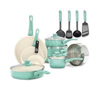 GreenLife Soft Grip Batteria di Pentole 16 Pezzi, Padella 12/18/24cm, Casseruola con Coperchi, Pentola 15/18 cm, Lavabile in Lavastoviglie, Forno Sicuro, Turchese